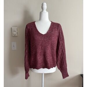 Frye Womens Large Pullover V Neck‎ Sweater Ballon Sleeve Pink Boho Cozy Chic
